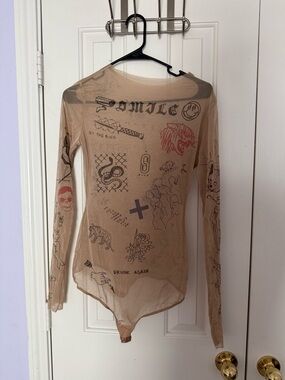 Sheer Nude Tattoo-Graphic Long-Sleeve Bodysuit